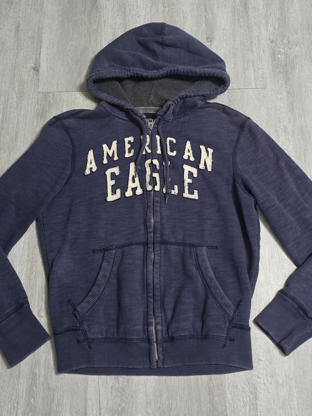 Y2K American Eagle Distressed Navy Blue Full Zip Fleece Hoodie Sweatshirt Spell